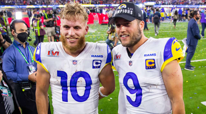Cooper Kupp and Matthew Stafford get interviewed together after winning the Super Bowl.